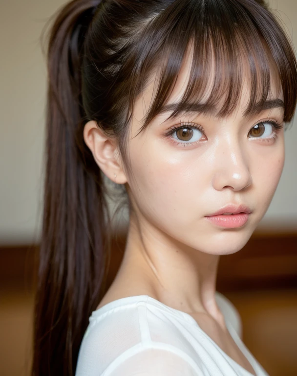 best quality, face focus, soft light, ultra high res (photorealistic:1.4), RAW photo,
1japanese girl, solo, cute, (pupil, lights in the eyes), detailed beautiful face, (medium chest),(high-resolution detail of human skin texture),
(ponytail hair), (sidelock bangs)
indoor,
White T-shirt,
(Portrait)