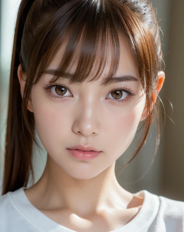 best quality, face focus, soft light, ultra high res (photorealistic:1.4), RAW photo,
1japanese girl, solo, cute, (pupil, lights in the eyes), detailed beautiful face, (medium chest),(high-resolution detail of human skin texture),
(ponytail hair), (sidelock bangs)
indoor,
White T-shirt,
(Portrait)