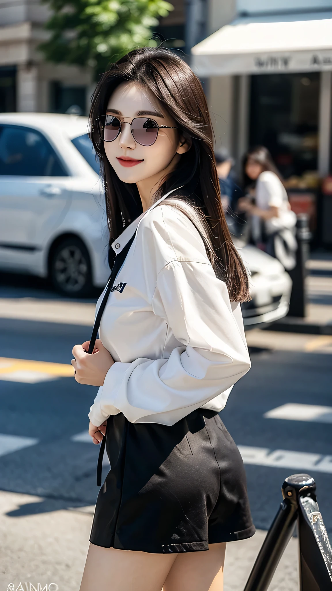 ​masterpiece、top-quality)、1 beutiful girl、Slim body、((Black and white plain clothes:1.1))、((Wearing black sunglasses )), (Detailed beautiful eyes)、Walk around the store、((Boyish Brown Medium Hair))、((Smaller face))、((Neutral face))、((Face seen from the side))、((Light brown eyes))、((Korean Girl))、((18year old))、((cool lady))、((A shy smile on his face))、((Korean Makeup))、((elongated and sharp eyes))、((Happy dating))、((looking distantly))、((boyish))、((Shot from the same height as your face))、((Shorter than viewer))、((She is running ahead of the viewer))、((Hold your mouth with your hand)), CG rendering, Blurred background, deep shadow,  16K,  Very detailed, wallpaper, depth of field, movie light, lens flare, Ray tracing.