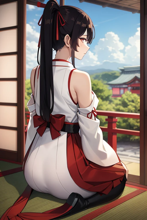 1girl, bangs, bare_shoulders, blue_sky, large breasts, brown_eyes, cloud, cloudy_sky, day, detached_sleeves, fence, hair_between_eyes, hair_ribbon, hakama, hakama_skirt, japanese_clothes, kimono, large_breasts, long_hair, looking_at_viewer, obi, railing, red_hakama, red_ribbon, ribbon, sash, shouji, sky, sliding_doors, solo, tree, veranda, white_kimono
((best quality)), ((masterpiece)), (detailed), Sagirin, back view, ass, ass shape, curved kimono, sitting,