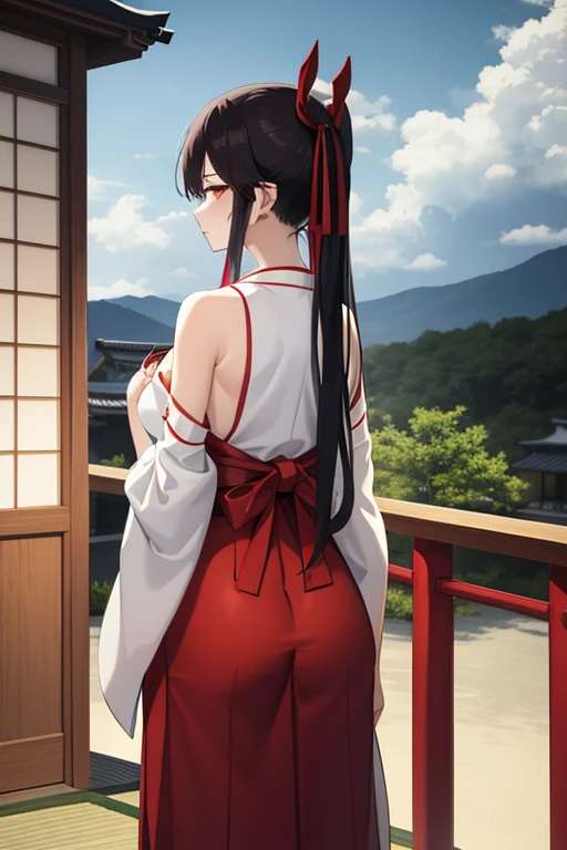 1girl, bangs, bare_shoulders, blue_sky, large breasts, brown_eyes, cloud, cloudy_sky, day, detached_sleeves, fence, hair_between_eyes, hair_ribbon, hakama, hakama_skirt, japanese_clothes, kimono, large_breasts, long_hair, looking_at_viewer, obi, railing, red_hakama, red_ribbon, ribbon, sash, shouji, sky, sliding_doors, solo, tree, veranda, white_kimono
((best quality)), ((masterpiece)), (detailed), Sagirin, back view, ass, ass shape, curved kimono, sitting,