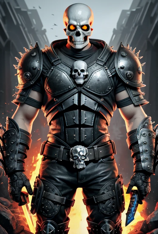 Ice and fire skull with a shield and two swords, of spiked gears of war skulls, skull design for a rock band, heavy metal tshirt design, style of hydro74, heavy metal art style, skull paint, helghast, heavy metal artwork, skull image on the vest, hq artwork, gears of death, detailed digital artwork, fantasy skull