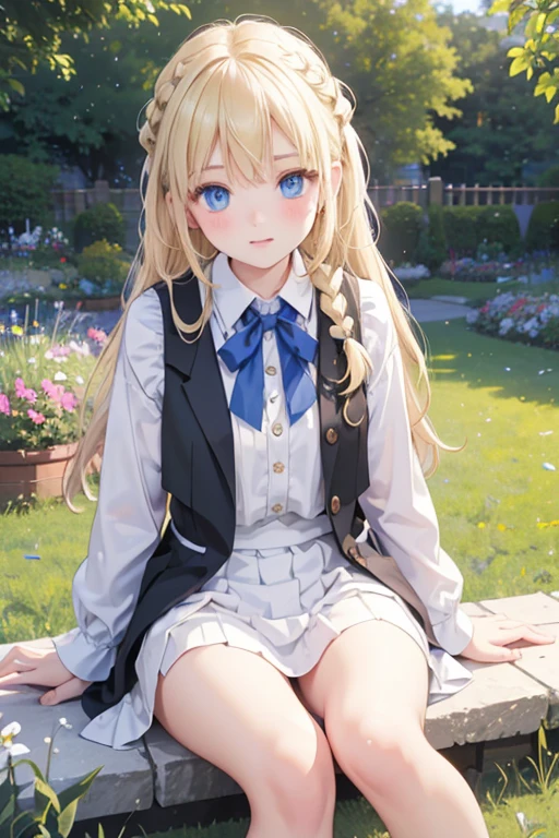(8k, highest quality, Tabletop:1.2)、Ultra-high resolution、One -yeld gi Perfect Fingers, Detailed face, Blushing, blue eyes, Blonde, Braid, White panties, White blouse, Black vest, garden, flower bed, Sitting on the grass
