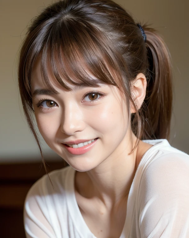 best quality, face focus, soft light, ultra high res (photorealistic:1.4), RAW photo,
1japanese girl, solo, cute, (pupil, lights in the eyes),  detailed beautiful face, (medium chest),(high-resolution detail of human skin texture), (smile:1.4)
(ponytail hair), (sidelock bangs)
indoor,
White T-shirt,
(Portrait)