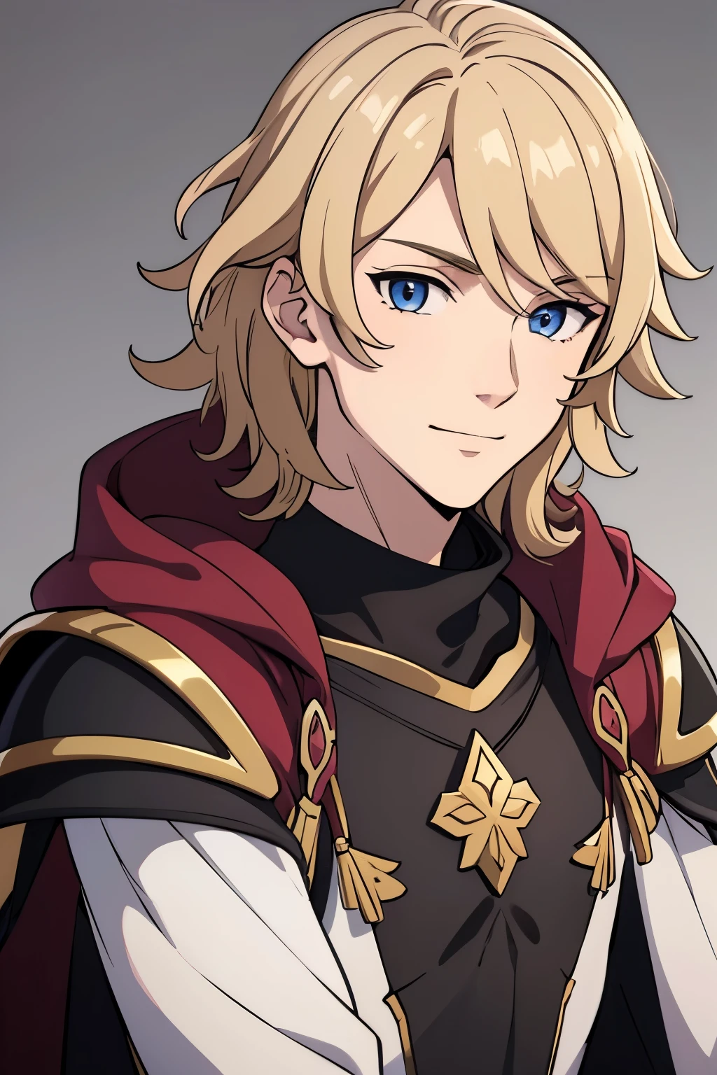 (high-quality, breathtaking),(expressive eyes, perfect face) 1boy, male, solo, portrait, young adult, age 18, Fire Emblem Awakening, Symmetrical Eyes, Fire Emblem, golden blonde hair color, short hair length, messy wavy hair, upper body, blue eyes, positive expression, charming smile, detailed eyes, blonde brown hair, narrow eyes, kind expression, benevolent prince, grey background, detailed eyes, black armor, pink trim, red cape
