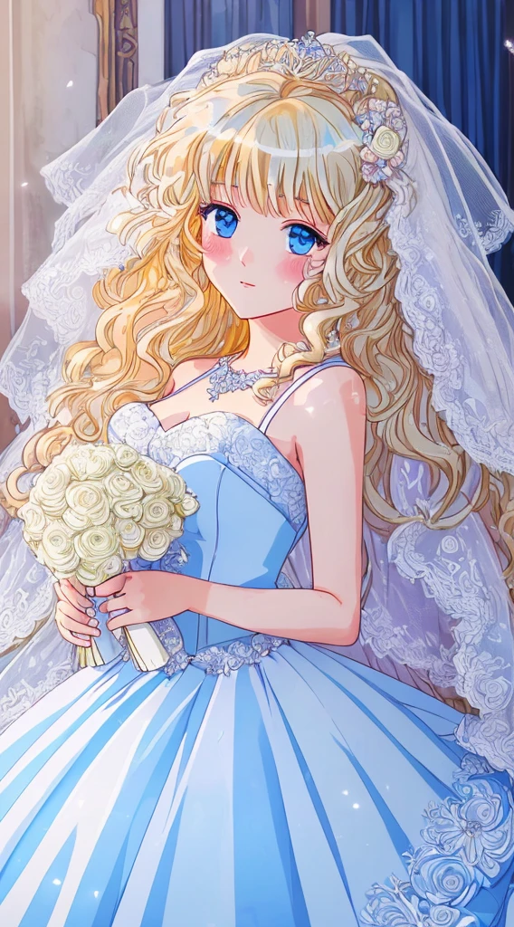 (((Best quality))),((Ultra-detailed)),((illustration)),((Disheveled hair)),((frilld)),(1 girl), 1girl,blue eyes,blonde hair,wedding,wedding dress,wedding princess dress,full body,