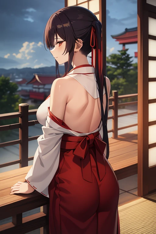 1girl, bangs, bare_shoulders, blue_sky, large breasts, brown_eyes, cloud, cloudy_sky, day, detached_sleeves, fence, hair_between_eyes, hair_ribbon, hakama, hakama_skirt, japanese_clothes, kimono, large_breasts, long_hair, looking_at_viewer, obi, railing, red_hakama, red_ribbon, ribbon, sash, shouji, sky, sliding_doors, solo, tree, veranda, white_kimono
((best quality)), ((masterpiece)), (detailed), Sagirin, back view, ass, ass shape, curved kimono, sitting,