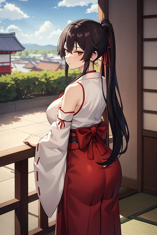 1girl, bangs, bare_shoulders, blue_sky, large breasts, brown_eyes, cloud, cloudy_sky, day, detached_sleeves, fence, hair_between_eyes, hair_ribbon, hakama, hakama_skirt, japanese_clothes, kimono, large_breasts, long_hair, looking_at_viewer, obi, railing, red_hakama, red_ribbon, ribbon, sash, shouji, sky, sliding_doors, solo, tree, veranda, white_kimono
((best quality)), ((masterpiece)), (detailed), Sagirin, back view, ass, ass shape, curved kimono, sitting,