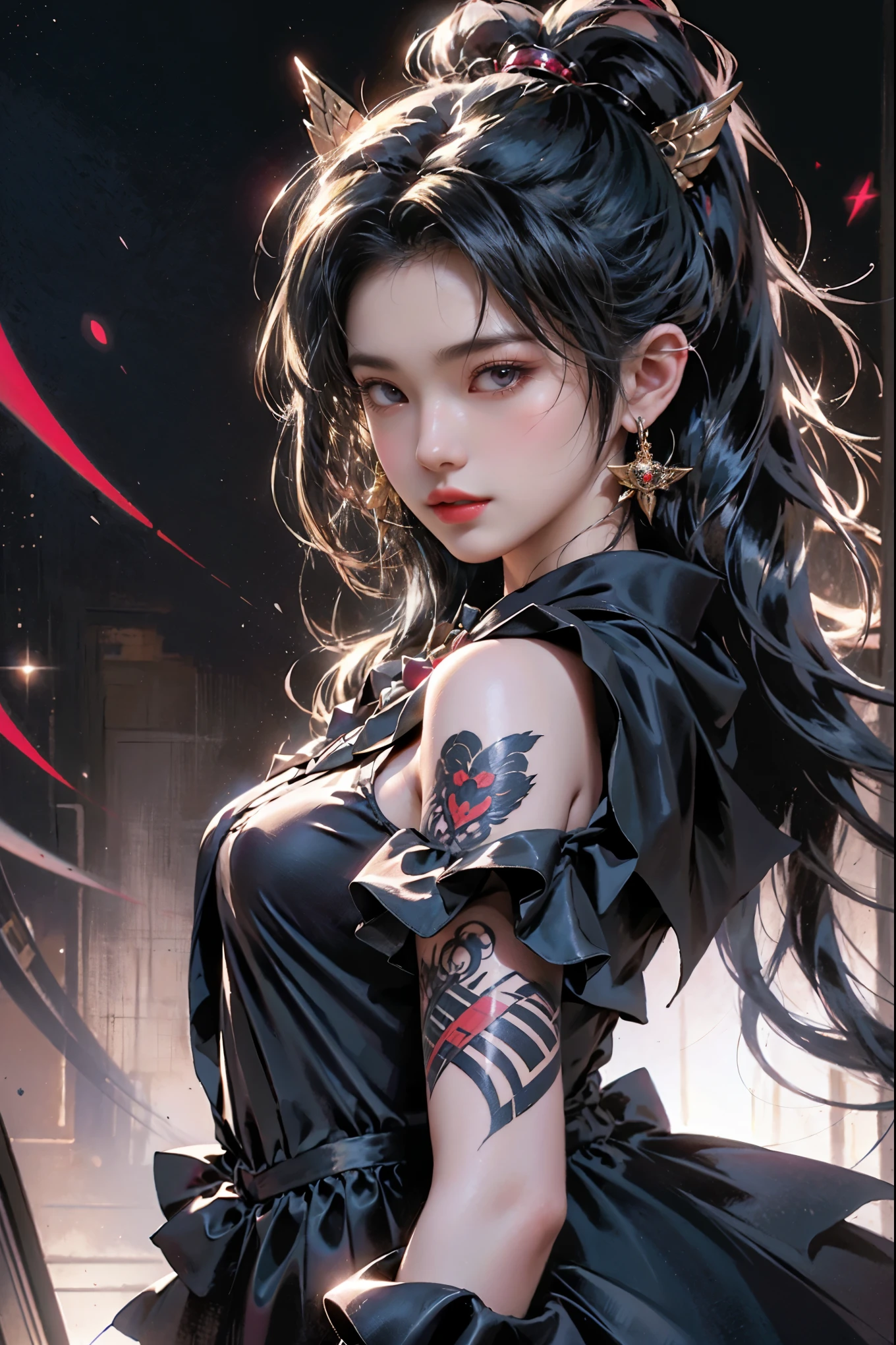 A mesmerizing ink-drawn illustration of a dark-haired young woman exuding an alternative and dark fantasy vibe. She dons a crisp black oversized men's dress shirt and, accessorized with a vibrant red bowtie. Her striking eyes are accentuated by bold, winged eyeliner, and she sports astrological tattoos that contrast beautifully against her fair skin. This captivating composition, with its cinematic quality, makes it a perfect option for a unique sticker or tattoo design. High quality, high resolution, and the highest degree of completion, perfect for the finished product.