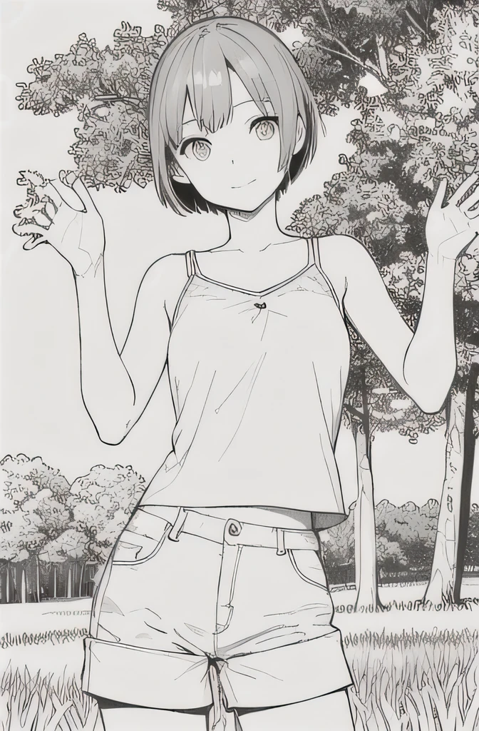 masterpiece, best quality, 1girl, 14 y.o girl, shorthair, breasts, cute eyes, white camisole, short hot pants, slight smile, forest, tree, grass, raise both hands, looking at viewer, outdoors, line drawing, monochrome,