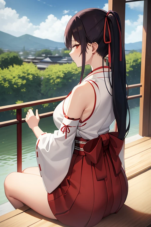 1girl, bangs, bare_shoulders, blue_sky, large breasts, brown_eyes, cloud, cloudy_sky, day, detached_sleeves, fence, hair_between_eyes, hair_ribbon, hakama, hakama_skirt, japanese_clothes, kimono, large_breasts, long_hair, looking_at_viewer, obi, railing, red_hakama, red_ribbon, ribbon, sash, shouji, sky, sliding_doors, solo, tree, veranda, white_kimono
((best quality)), ((masterpiece)), (detailed), Sagirin, back view, ass, ass shape, curved kimono, sitting,