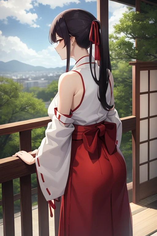 1girl, bangs, bare_shoulders, blue_sky, large breasts, brown_eyes, cloud, cloudy_sky, day, detached_sleeves, fence, hair_between_eyes, hair_ribbon, hakama, hakama_skirt, japanese_clothes, kimono, large_breasts, long_hair, looking_at_viewer, obi, railing, red_hakama, red_ribbon, ribbon, sash, shouji, sky, sliding_doors, solo, tree, veranda, white_kimono
((best quality)), ((masterpiece)), (detailed), Sagirin, back view, ass, ass shape, curved kimono, sitting,