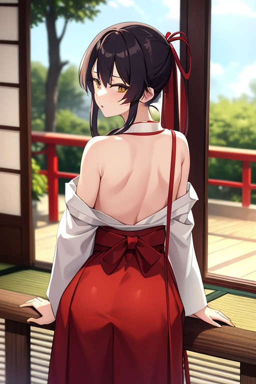 1girl, bangs, bare_shoulders, blue_sky, large breasts, brown_eyes, cloud, cloudy_sky, day, detached_sleeves, fence, hair_between_eyes, hair_ribbon, hakama, hakama_skirt, japanese_clothes, kimono, large_breasts, long_hair, looking_at_viewer, obi, railing, red_hakama, red_ribbon, ribbon, sash, shouji, sky, sliding_doors, solo, tree, veranda, white_kimono
((best quality)), ((masterpiece)), (detailed), Sagirin, back view, ass, ass shape, curved kimono, sitting,