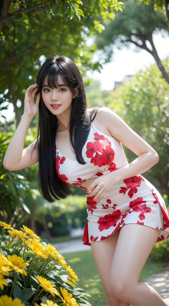((Best Quality, 8K, Masterpiece: 1.3)), three Hyperrealistic of a beautiful FILIPINA women with a black hair, fair skin, medium size of the body, beautiful smile on her face wearing a in a color of yellow with colorful flowers background with a big name"jhane"in italic font golden colorBondage Costume (5) Upper Body (1.3), Focus Clear: 1.2, Glossy milky white Skin in the Light, Outstanding Beauty: 1.4, ((long straight black Hair with bangs , Colossal: 1.2)), Highly Detailed Face and porcelain white Skin Texture, plump body Not Too Dark Parallel Eyebrows Detailed Eyes, Double Eyelids, Smile (1.3) Natural Makeup, Walking in the Sun Through the Trees (5) wearing ((RED )) floral red mini dress in the park..((MILKY WHITE SKIN))