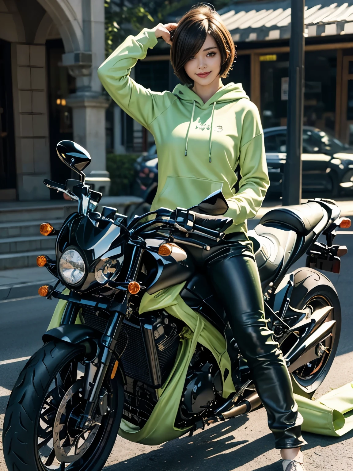 (Realistic:1.5), 8k, Ultra-high-definition beauty, 1 female, Exquisite body detailing, (highest quality: 1.0), (Extremely sharp cutting edge: 1.0), (short hair:1.4),(Beautiful and delicate depiction of eyes),((((Riding a motorcycle)))),Unreal Engine:1.4,photoRealistic:1.4, Skin Texture:1.4, masterpiece:1.8,highest quality at best,Full Body Shot、(((Lime green cloth hoodie and long leather pants)))、Long limbs、smile