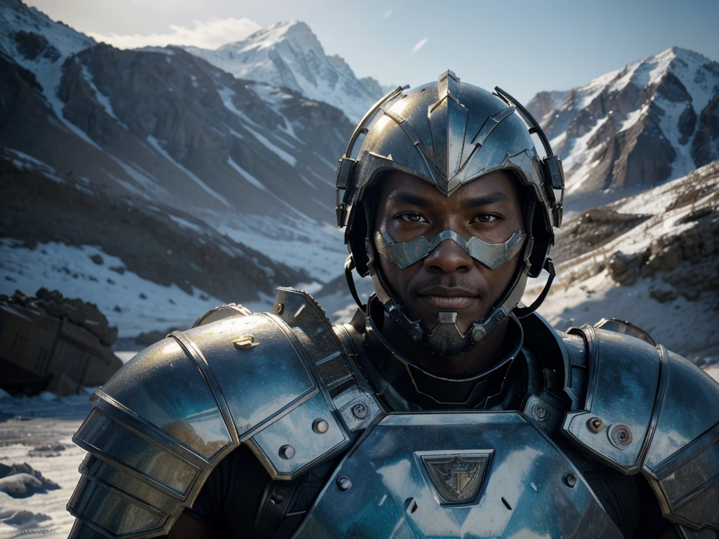 golden armored warrior,few details on the armor, black man inside the armor,emitting flames from the armor,icy landscape and mountains,(best quality,4k,8k,highres,masterpiece:1.2),ultra-detailed,(realistic,photorealistic,photo-realistic:1.37),portrait,concept artists,vivid colors,cold color tones, intense lighting