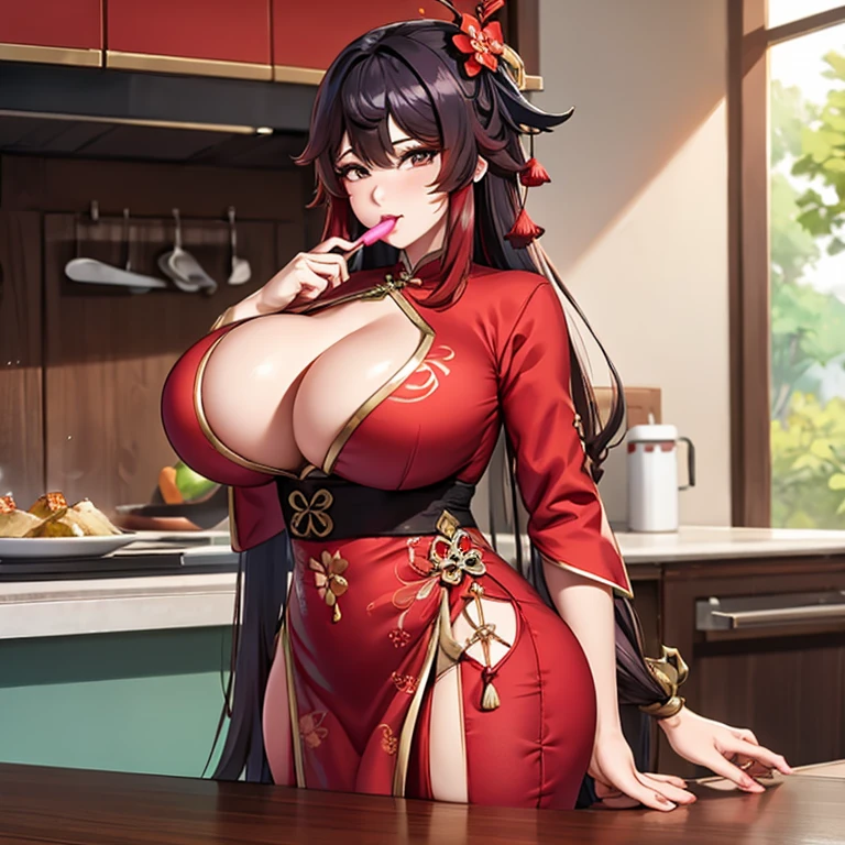 Super-detailed, 8k HD, Hu Tao (Genshin Impact), 1 girl, solo, long red hair, detailed hand and face, busty body, curvy body, big breast, large butt, thick thight, chinese cheongsam dress, standing at the kitchen counter sucking on a ****pop