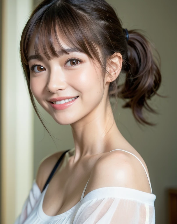 best quality, face focus, soft light, ultra high res (photorealistic:1.4), RAW photo,
1japanese girl, solo, cute, pretty, Beautifull, (pupil, lights in the eyes), detailed beautiful face, (medium chest),(high-resolution detail of human skin texture), (happy smile:1.4)
(ponytail hair), (sidelock bangs)
indoor,
White T-shirt,
(Portrait)