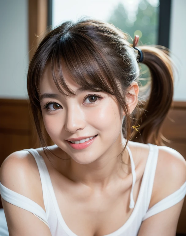 best quality, face focus, soft light, ultra high res (photorealistic:1.4), RAW photo,
1japanese girl, solo, cute, pretty, Beautifull, (pupil, lights in the eyes), detailed beautiful face, (medium chest),(high-resolution detail of human skin texture), (happy smile:1.4)
(ponytail hair), (sidelock bangs)
indoor,
White T-shirt,
(Portrait)
