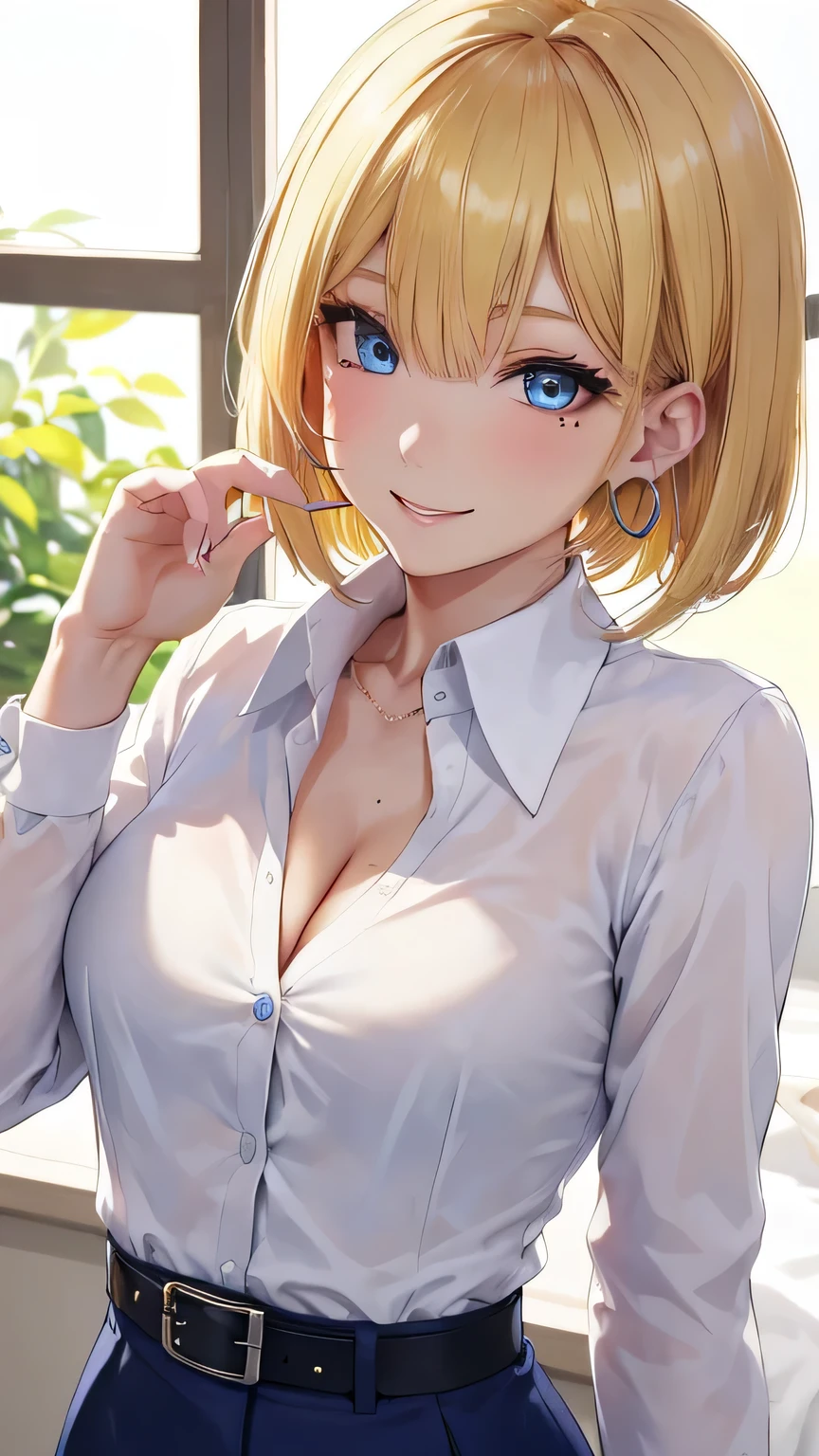 8K picture quality、top-quality、masutepiece、An ultra-high picture quality、ultra-detailliert、Ultra-realistic hair quality、Vibrant colors, 1 girl, Solo, Beautiful face, blonde hair,bob cut,blue eyes, blue eye makeup, Small mole under the eye, large breasts, One mole in the cleavage.HOOP earring, (Long sleeved white collared shirt1.2), cleavage, Tight Belted Skirt, smiling