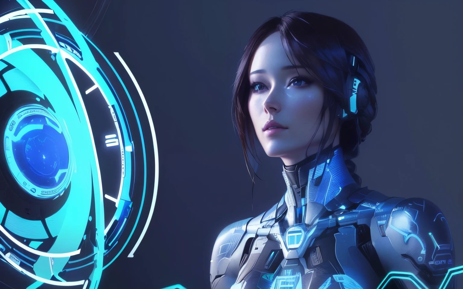 un primer plano de una persona con un cuerpo futurista y un reloj, cortana, cortana de halo, summer glau as cortana de halo, holograma flotando a su alrededor, volverse humano, cyborg - chica, azur, biblical woman android, en Detroit : volverse humano, cinematic hologram, Integrated synthetic Android., inspirado en Ayami Kojima