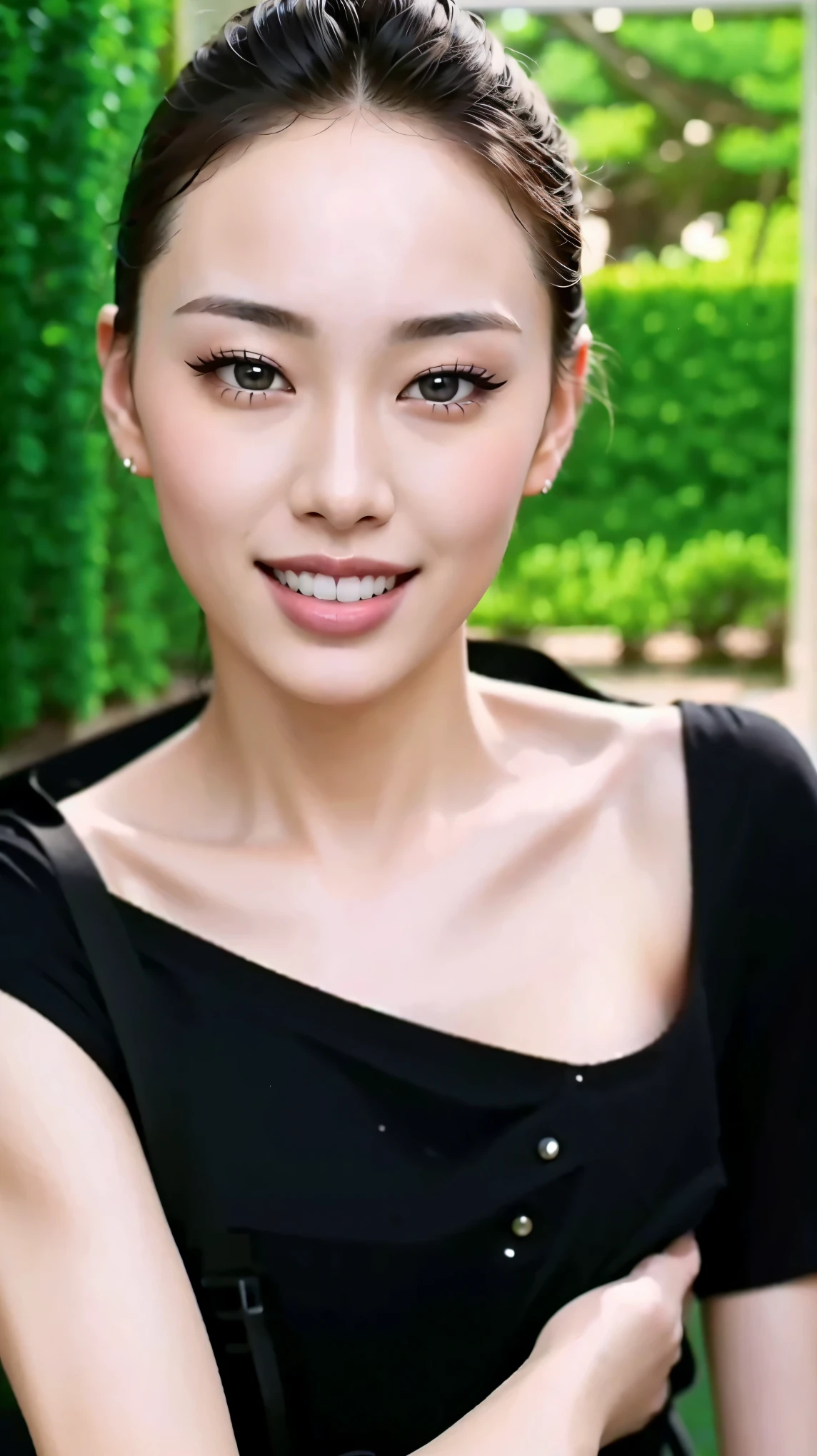 Fashion model 25 years old [[[[close up]]]], [[[[neck]]]], [[[[Shoulder]]]], Perfect eyes, Perfect iris，Perfect lips，Perfect Teeth，Perfect skin，White skin，Soft headlight，High-density imaging review，（Face is clear and delicate），((black))，((Smile))，((Background is indoor))，best quality，masterpiece，（Soft colors：1.2）