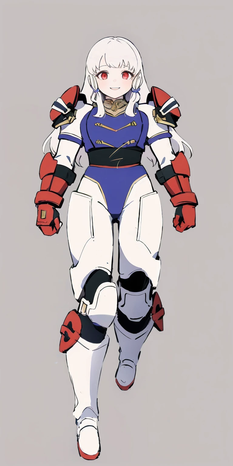 (masterpiece, best quality, 4k, 1girlsolo, 1MILF, mmplatz, smile, red cheeks, plain background:1.2), perfect face, perfect lighting, mature whsororitas with gloves red gauntlets in her hands like Cammy White from Street Fighter, bob white hair, warhammer 40k power armor suit, red eyes like rubies, full body armor, view from below, looking to the viewer