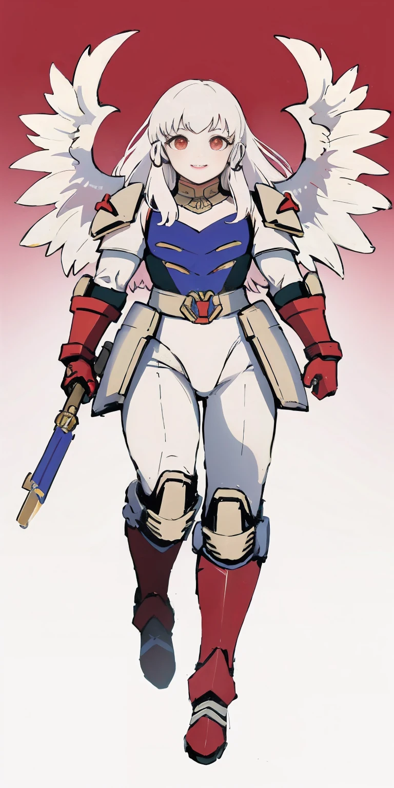 (masterpiece, best quality, 4k, 1girlsolo, 1MILF, mmplatz, smile, red cheeks, plain background:1.2), perfect face, perfect lighting, mature whsororitas with gloves red gauntlets in her hands like Cammy White from Street Fighter, bob white hair, warhammer 40k power armor suit, red eyes like rubies, full body armor, view from below, looking to the viewer