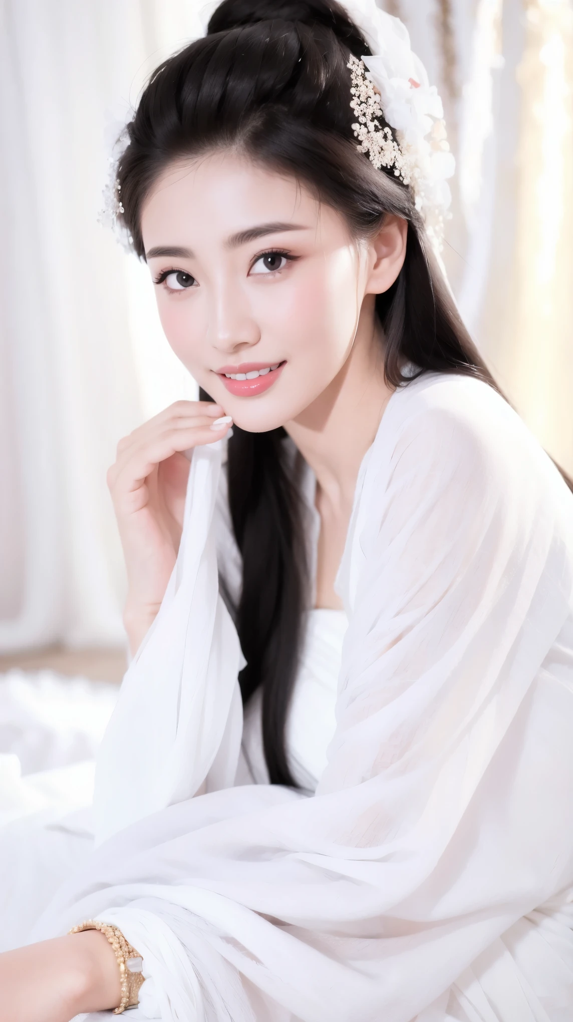 Fashion model 25 years old [[[[close up]]]], [[[[neck]]]], [[[[Shoulder]]]], Perfect eyes, Perfect iris，Perfect lips，Perfect Teeth，Perfect skin，White skin，Soft headlight，High-density imaging review，（Face is clear and delicate），((White casual wear))，((Smile))，((Background is indoor))，best quality，masterpiece，（Soft colors：1.2）