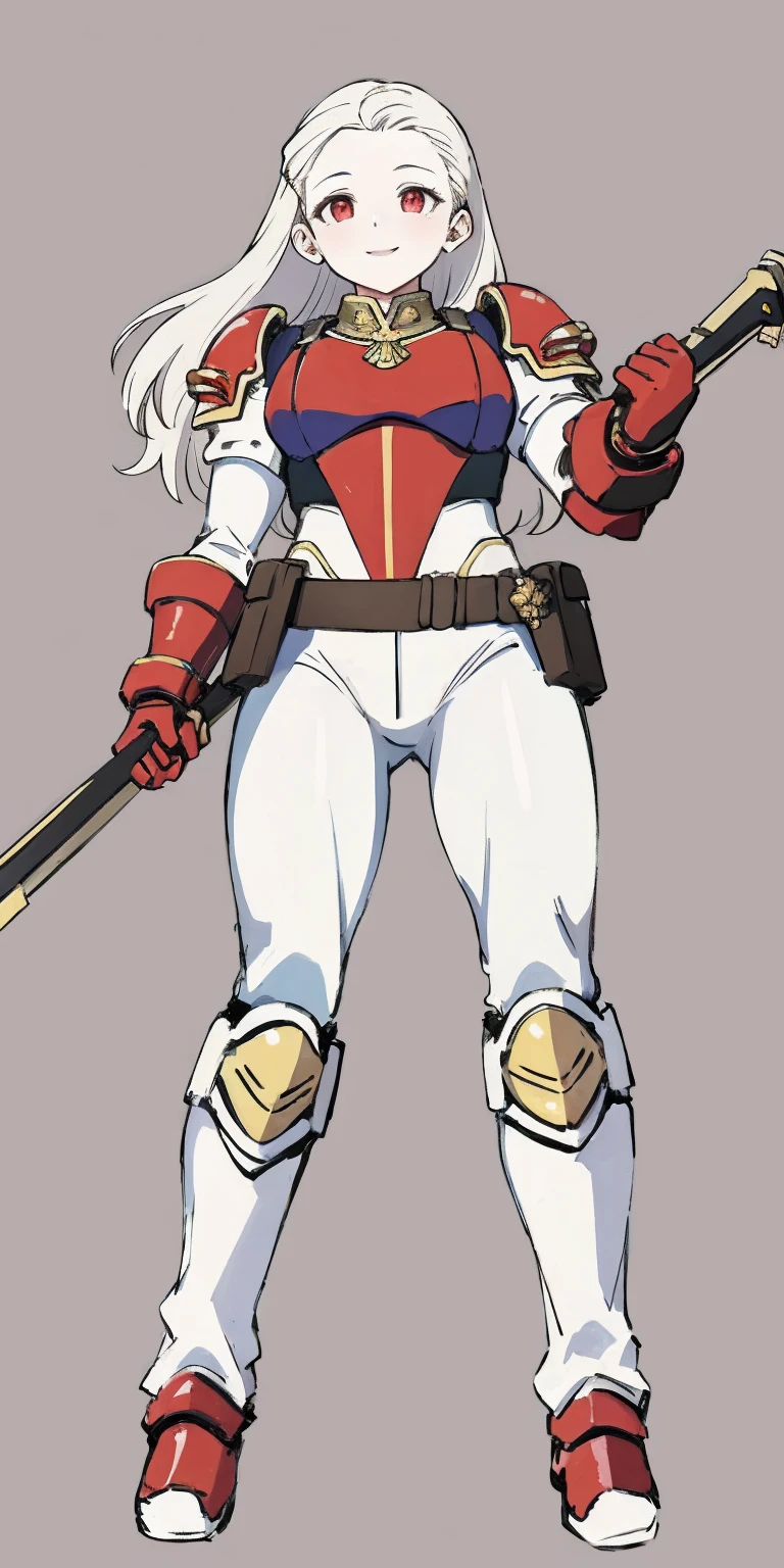 (masterpiece, best quality, 4k, 1girlsolo, 1MILF, mmplatz, smile, red cheeks, plain background:1.2), perfect face, perfect lighting, mature whsororitas with gloves red gauntlets in her hands like Cammy White from Street Fighter, bob white hair, warhammer 40k power armor suit, red eyes like rubies, full body armor, view from below, looking to the viewer
