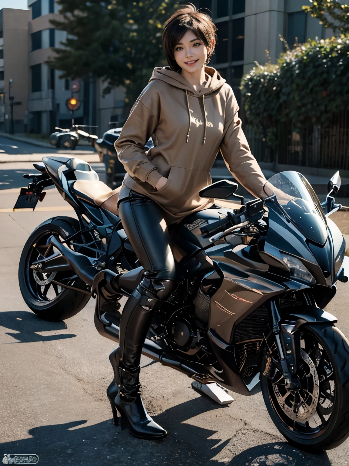 (Realistic:1.5), 8k, Ultra-high-definition beauty, 1 female, Exquisite body detailing, (highest quality: 1.0), (Extremely sharp cutting edge: 1.0), (short hair:1.4),(Beautiful and delicate depiction of eyes),((((Riding a motorcycle)))),Unreal Engine:1.4,photoRealistic:1.4, Skin Texture:1.4, masterpiece:1.8,highest quality at best,Full Body Shot、(((Brown cloth hoodie and long leather pants)))、Long limbs、smile