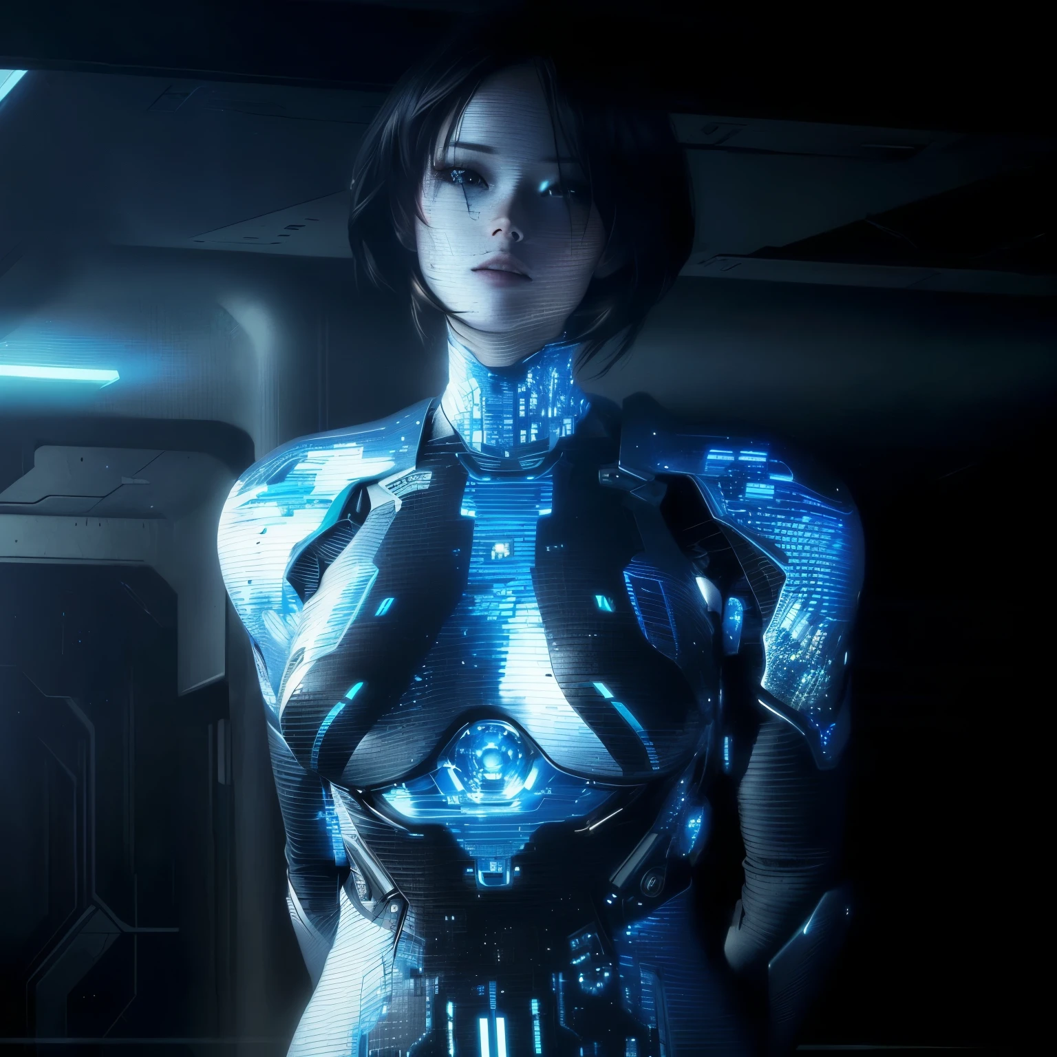 there is a woman in a futuristic suit standing in a room, cortana, cortana de halo, summer glau as cortana de halo, cyborg - chica, humanoid woman, chica cyborg, Cyborg woman, inspirado en Leng Mei, inspirado en Ayami Kojima, science fiction woman, cyborg femenino, mujer cyborg perfecta, pregnant cyborg femenino