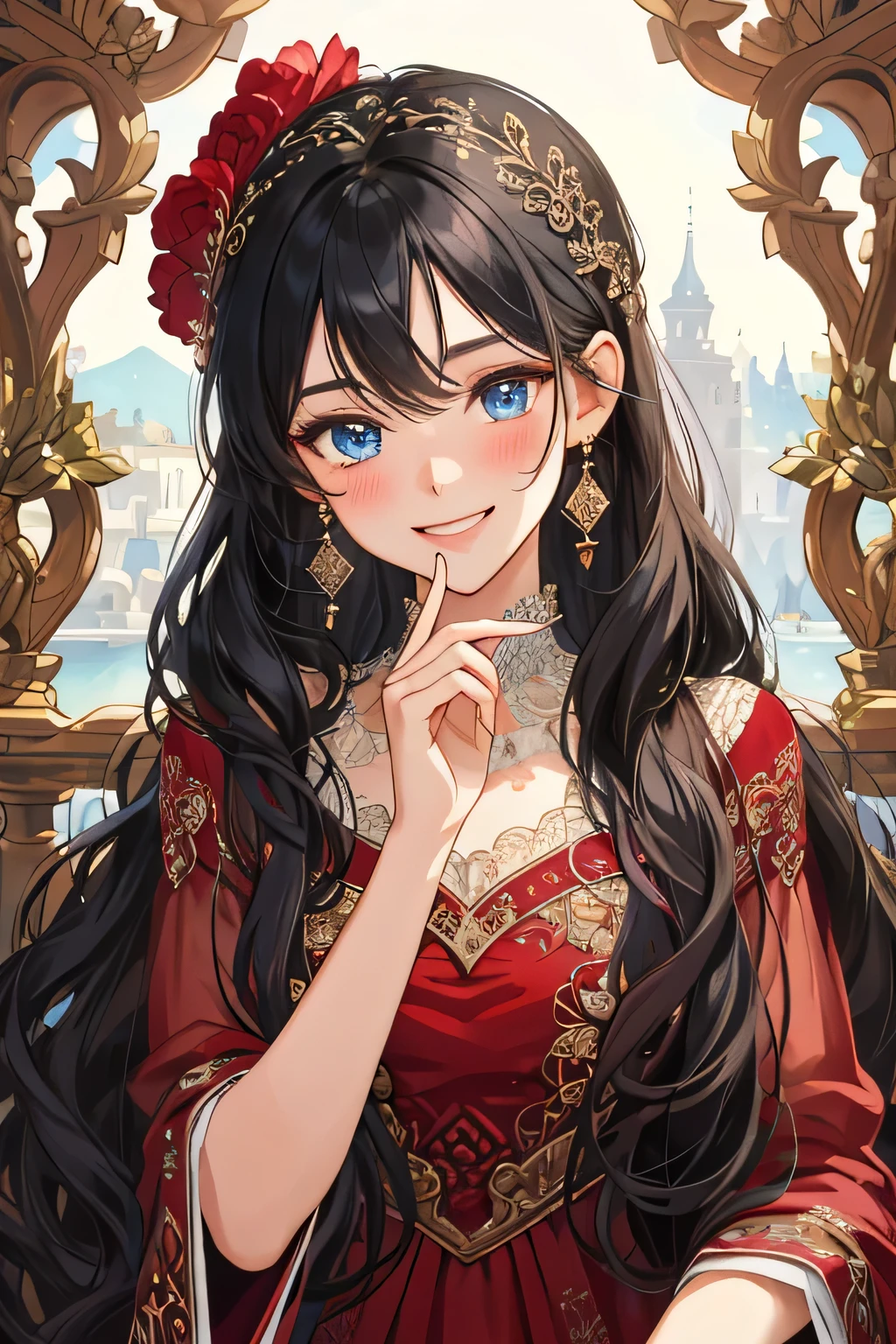 (extreamly delicate and beautiful:1.2), 8K,(masterpiece:1.0),(best_quality:1.0), 1 girl, and intricate detailing, Enlarged textures, and intricate detailing, finely eye and detailed face, and intricate detailing, shiraga, black curls long hair, (smile mouths), Perfect eyes, Equal eyes, blue ice eyes (A famale god) with red maroon dress modern, look at camera, look 50 years old, blush