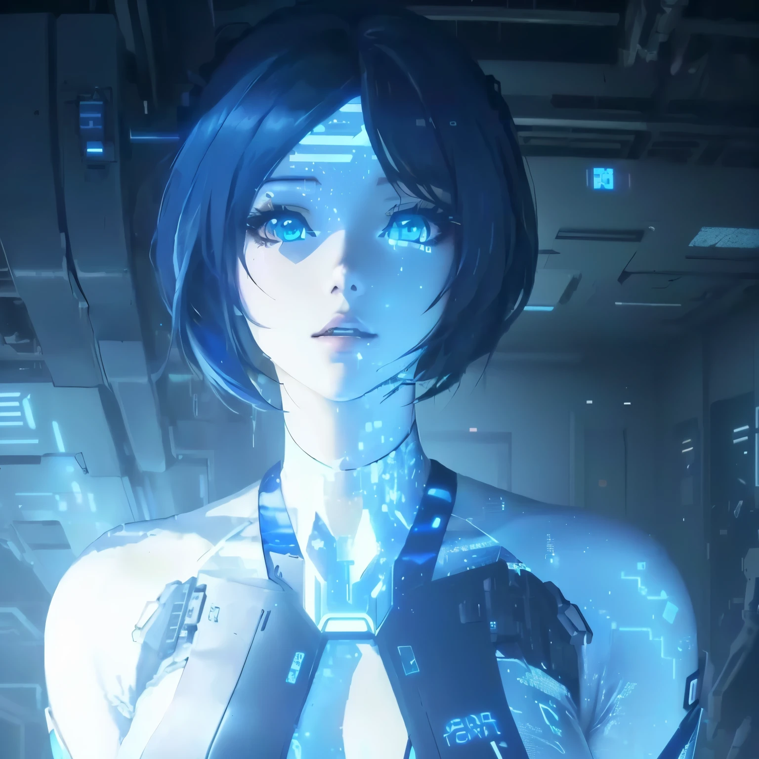 Anime girl with blue eyes and tie standing in a room., cortana, cortana de halo, digital arte del anime ciberpunk, modern Science fiction anime, Mujer Cyborg Anime Perfecta, cyborg - chica, anime ciberpunk, ciberpunk digital - arte anime, arte del anime ciberpunk, Science fiction anime, chica anime cyberpunk mech, anime ciberpunk moderno, chica cyborg, Science fiction anime