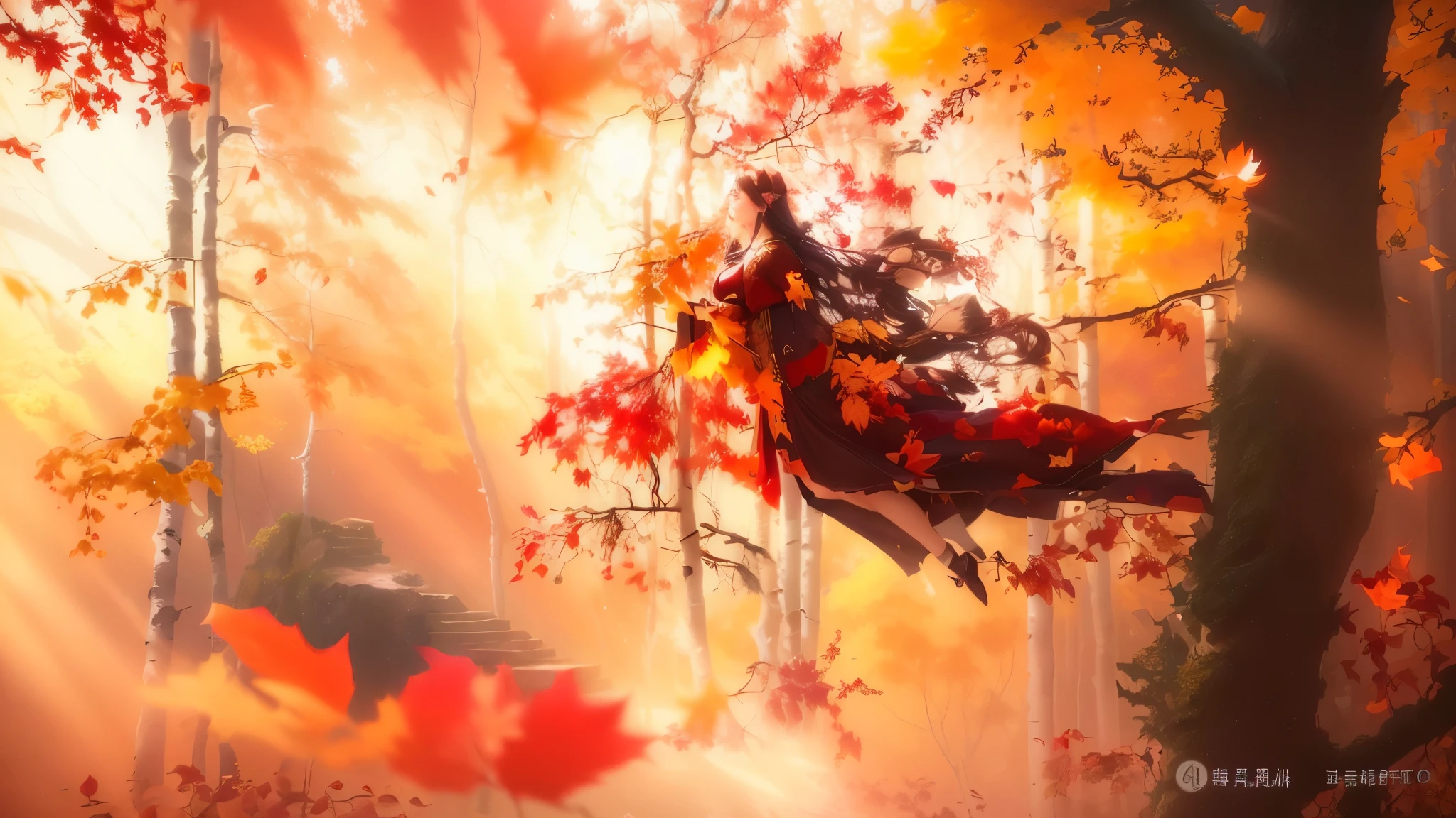 birch forest, 美丽的autumn, magical leafs falling, The fall of surrealism, (Octane Rendering) Fantasy style, autumn, Fall Queen, Beautiful digital art work, 在autumn的森林里, Ethereal fantasy, rising and levitating in the air, Play the harp in the enchanted forest