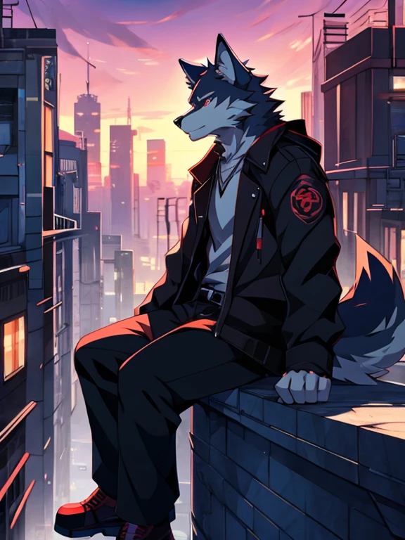 anime - style picture of a wolf man sitting on a ledge with a night city in the background, lofi artstyle, anime style 4 k, inspired by Liam Wong, anime style. 8k, 4k anime wallpaper, anime art wallpaper 8 k, 2 d art, 2d art, badass anime 8 k, by Yuumei, anime art wallpaper 4k, (Wolf Tail)