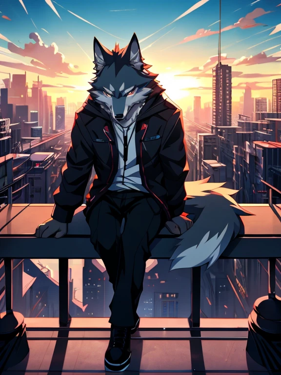 anime - style picture of a wolf man sitting on a ledge with a night city in the background, lofi artstyle, anime style 4 k, inspired by Liam Wong, anime style. 8k, 4k anime wallpaper, anime art wallpaper 8 k, 2 d art, 2d art, badass anime 8 k, by Yuumei, anime art wallpaper 4k, (Wolf Tail)