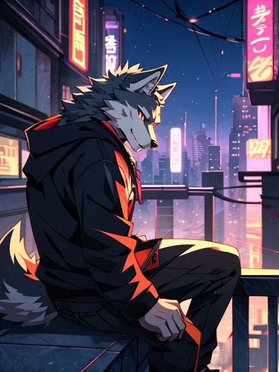 anime - style picture of a wolf man sitting on a ledge with a night city in the background, lofi artstyle, anime style 4 k, inspired by Liam Wong, anime style. 8k, 4k anime wallpaper, anime art wallpaper 8 k, 2 d art, 2d art, badass anime 8 k, by Yuumei, anime art wallpaper 4k, (Wolf Tail)