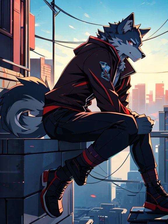 anime - style picture of a wolf man sitting on a ledge with a night city in the background, lofi artstyle, anime style 4 k, inspired by Liam Wong, anime style. 8k, 4k anime wallpaper, anime art wallpaper 8 k, 2 d art, 2d art, badass anime 8 k, by Yuumei, anime art wallpaper 4k, (Wolf Tail)