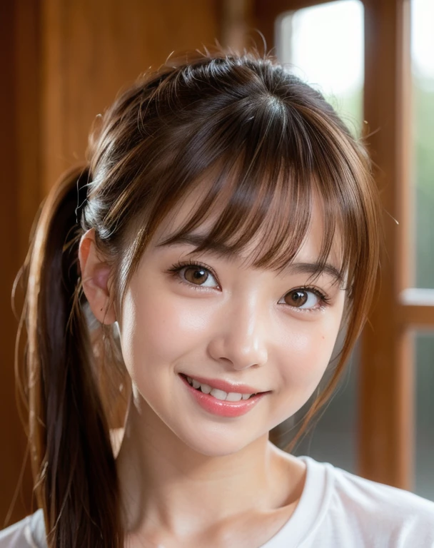 best quality, face focus, soft light, ultra high res (photorealistic:1.4), RAW photo,
1japanese girl, solo, cute, pretty, Beautifull, (pupil, lights in the eyes),  detailed beautiful face, (medium chest),(high-resolution detail of human skin texture), (happy smile:1.4)
(Long ponytail hair:1.2), (sidelock bangs:1.2)
indoor,
White T-shirt,
(Portrait)