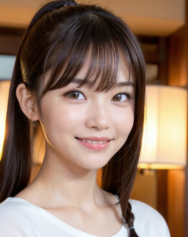 best quality, face focus, soft light, ultra high res (photorealistic:1.4), RAW photo,
1japanese girl, solo, cute, pretty, Beautifull, (pupil, lights in the eyes), detailed beautiful face, (medium chest),(high-resolution detail of human skin texture), (happy smile:1.4)
(Long ponytail hair:1.2), (sidelock bangs:1.2)
indoor,
White T-shirt,
(Portrait)