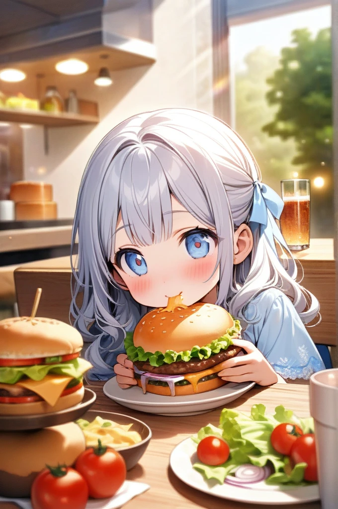 masterpiece, best quality, extremely detailed, (illustration, official art:1.1), 1 girl ,(((( light blue long hair)))), light blue hair, ,10 years old, long hair ((blush)) , cute face, big eyes, masterpiece, best quality,(((((a very delicate and beautiful girl))))),Amazing,beautiful detailed eyes,blunt bangs((((little delicate girl)))),tareme(true beautiful:1.2), ,,, affectionate smile,(Best Quality,hight resolution,Ultra-detailed),Eating a hamburger, Silver hair, Blue eyes, Hamburger, cup, lettuce, fruits, tomatoes, onion, bowl, Bokeh background, food, closeup at the food, still-life, Blurred, depth of fields, Verdure, cheese