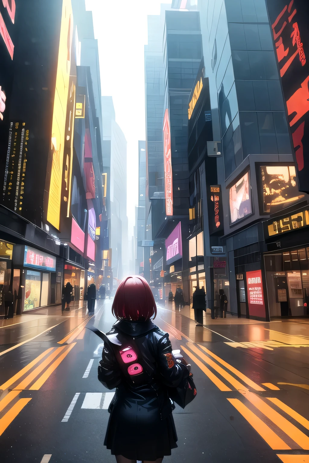A girl in a black jacket and mask stands in the middle of a futuristic city, her back turned to the camera. The city is filled with flying cars and other vehicles, and the scene is captured from a bird's-eye view.