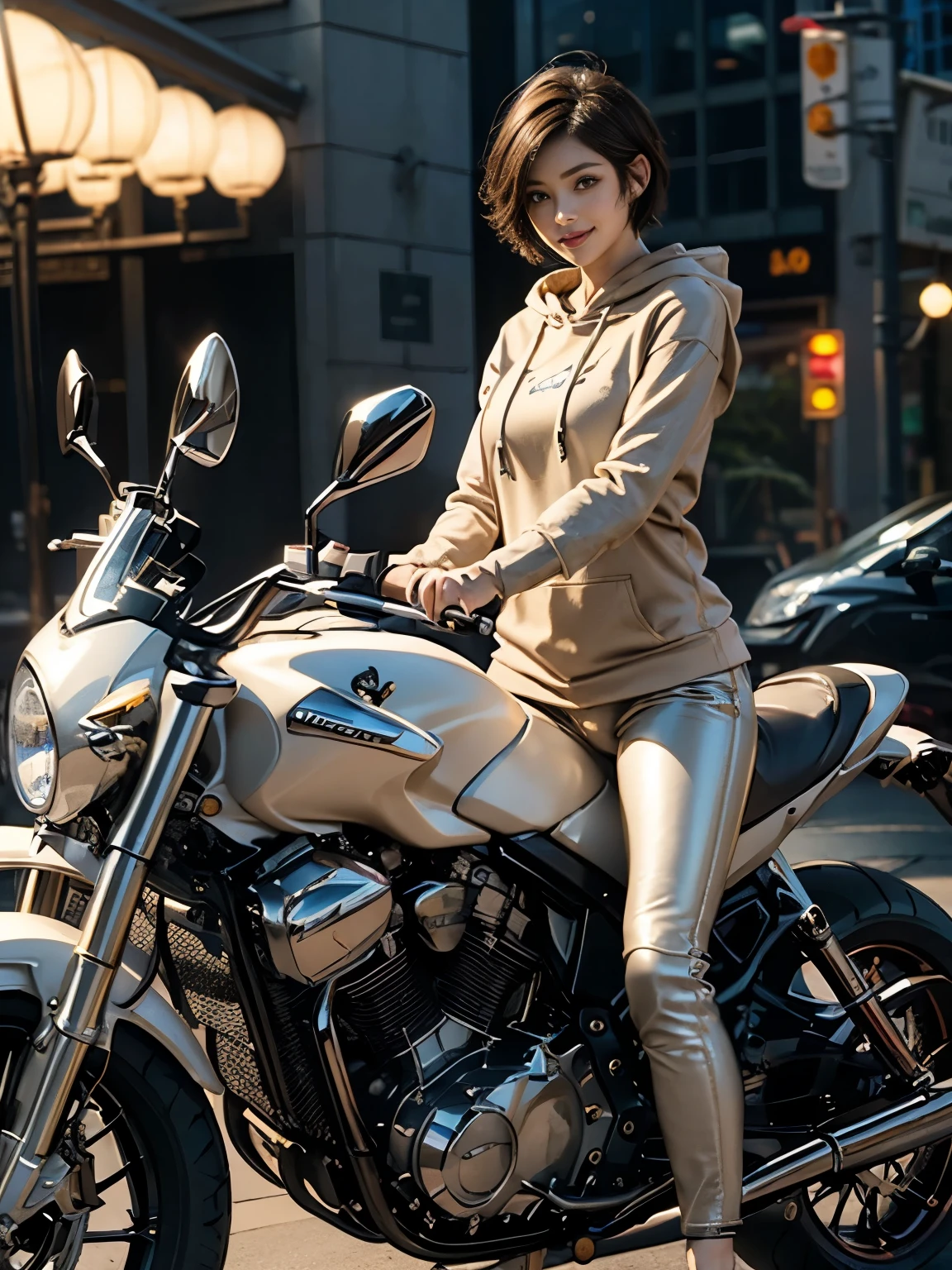 (Realistic:1.5), 8k, Ultra-high-definition beauty, 1 female, Exquisite body detailing, (highest quality: 1.0), (Extremely sharp cutting edge: 1.0), (short hair:1.4),(Beautiful and delicate depiction of eyes),((((Riding a motorcycle)))),Unreal Engine:1.4,photoRealistic:1.4, Skin Texture:1.4, masterpiece:1.8,highest quality at best,Full Body Shot、(((Beige cloth hoodie and long leather pants)))、Long limbs、smile