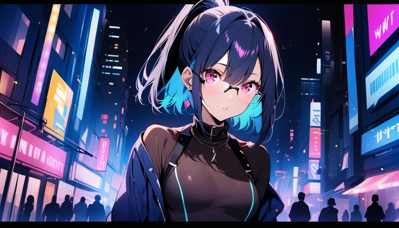 (best quality, 4k),((one girl, skinny body,  size, short hair, high ponytail hairstyle, dark blue outer hair, (cyan inner hair), pink eyes, wears contact glasses)). (city nights background) 