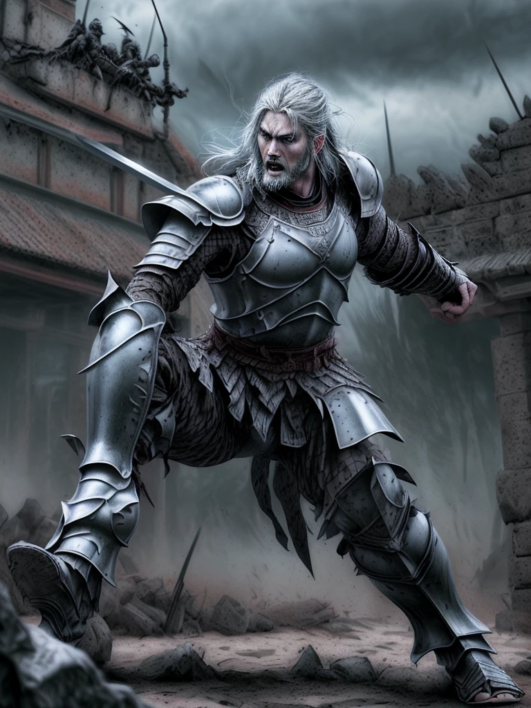 best quality, highres, ultra-detailed, realistic, 3D rendering, medieval armor, detailed sword, ancient battlefield, heroic stance, atmospheric lighting, historical scene, battle-ready, fierce expression, armored warrior, intense battle, ancient Chinese setting, epic battle, triumphant warrior, war-torn landscape, conqueror, fearless demeanor, battle-worn armor, dynamic pose, legendary hero, martial arts, battlefield chaos, war strategy, ancient warfare, ancient dynasty, legendary weapon, ancient warlord, historical accuracy, ancient architecture, battle cry, noble warrior, dramatic composition, intricate armor design, warrior's determination, strategic genius, military commander