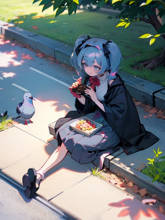 Hatsune Miku feeding pigeons in the park