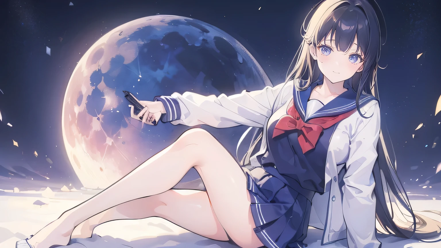 (best quality,4k,8k,highres,masterpiece:1.2),ultra-detailed,(realistic,photorealistic,photo-realistic:1.37),HDR,UHD,studio lighting,ultra-fine painting,sharp focus,physically-based rendering,extreme detail description,professional,vivid colors,bokeh,night sky, twinkling stars,beautiful girl, ,Wearing a sailor uniform,Headphones,Node PC,anime,anime movie,Long black hair,looking sideways,big moon in the background