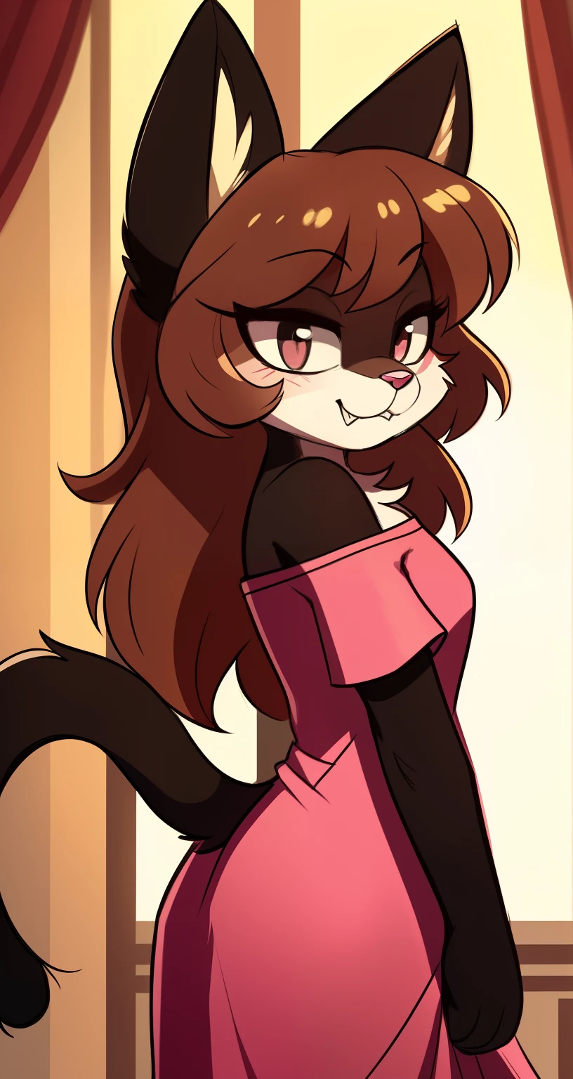 detailed, man (((Male))) ((anthro)) cat, (Averi, cat boy), by waspsalad, by phluks, by zero-sum, cinematic lighting, shadowing, correct shadowing, cat, (anthro, fluffy fur, character focus:1.1), 1boy, anthro cat boy, body fur, curvy, sexy, nice, cute, hot, comfortable anime-style cartoon-style, digital drawing, (half-closed eyes), gray eyes, long tail, (hi res), ((masterpiece)) , ((best quality)), Cat, male cat, femboy furry, femboy, furry, Face only, profile picture, clean sketch, anthropomorphic cat, fursona, sharp teeth, big ears, large eyes, pink eyeshadow long hair, smooth hair, smooth fur, not fluffy, smirking, raised eyebrows, flirty, long eyelashes, makeup, thin, chubby face, flat chest, male, femboy, fluffy paw, cutesy, soft pink dress, off shoulder, tight dress, small cock bulge, cock bulge in dress, short, butt peeking from bottom, slit on sides, pink eyeshadow, man in dress, cute cat, simple, sketch, little detail, simple profile picture, easy to draw, cute sketch, simple