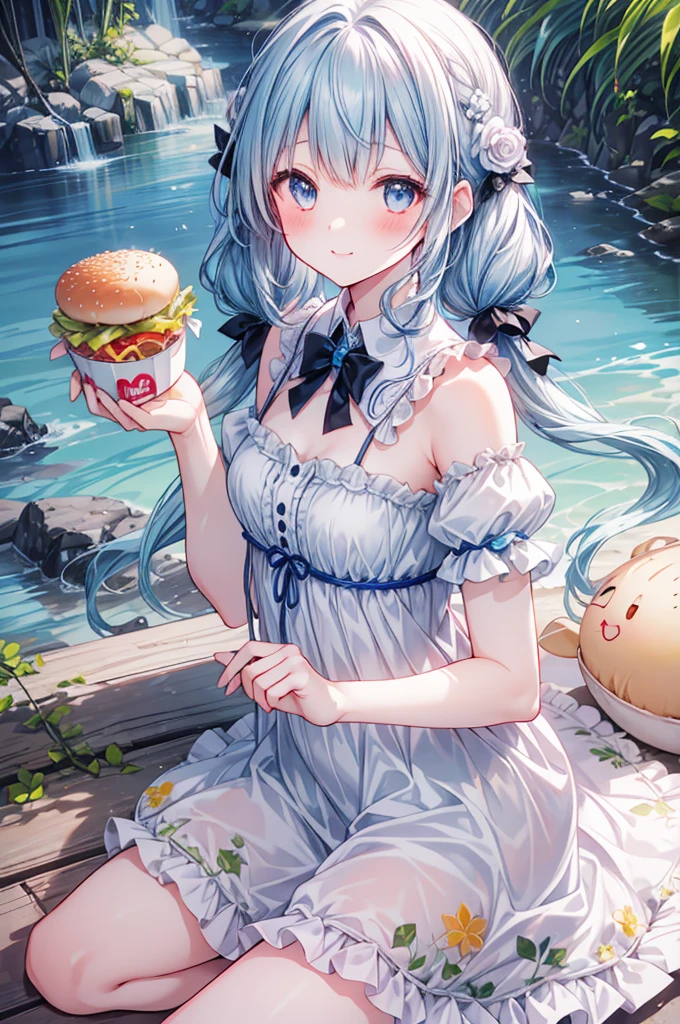 Masterpiece, best quality, extremely detailed, (illustration, official art: 1.1), ((((1 girl)))), ((light blue long hair))), light blue hair, 10 years old, ((blush)), cute face, big eyes, tareme, masterpiece, best quality, (a very delicate and beautiful girl)))), amazing, beautiful detailed eyes, blunt bangs (((little delicate girl)))), tareme (true beautiful: 1.2), small Girl,, Thief, Longhaire, Blush, Happy Smile,twintails, masterpiece, best quality, ultra-detailed, photorealistic, solo, straight hair, high twintails,  big eyes, slant eyes, baby face, smile, (dynamic angle:1.3), JUNK FOODS，Surrounded by McDonald's hamburgers, ((light on face)), face adorned with flights, a plethora of McDonald's hamburgers, cute, diverse array of McDonald's hamburgers holding a bouquet of junk snacks, wear blue parker, thighs,, anime, round eyes, long eyelashes, sparkling eyes, white-colored eyes, white in the eyes, game world, anime, 8k, RAW photo, best quality, masterpiece, anime, professional photograph, (anime, photorealistic:1.37), (high detailed skin:1.2), high resolution, beautiful detailed eyes, (hard focus:1.4), (sharp focus:1.4)，((Gaming disorder,Video game addiction))
